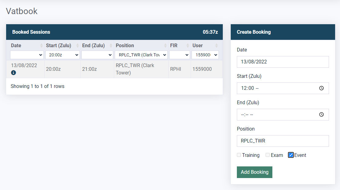 Control Panel - Booking